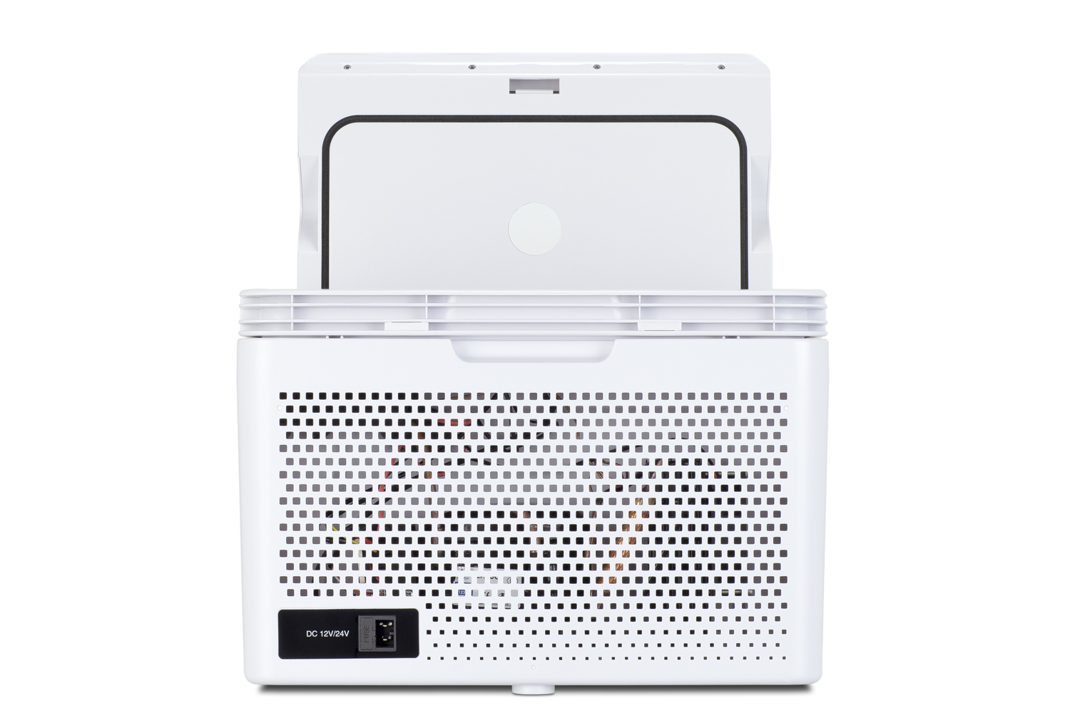 Portable 12V/24V MOMCUBE cooler operates as a refrigerator or freezer for breast milk storage, with AC adapter included